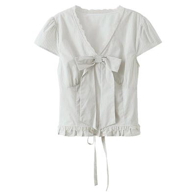 【清仓秒杀】夏韩系气质上衣短款小个子蝴蝶结v领杏色条纹衬衫女