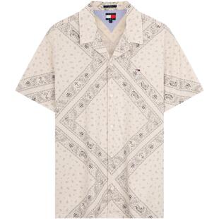 Tommy春夏男装纯棉美式复古海边度假风满印短袖休闲衬衣衬衫外套