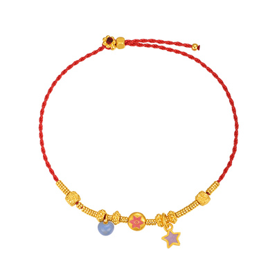 明牌珠宝古法黄金小星愿红绳手链