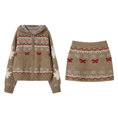 Uena棕色费尔岛花纹连套装