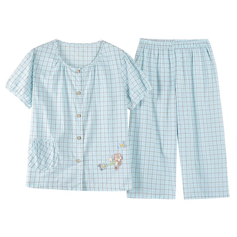 梭织纯棉纱布睡衣女士短袖七分裤薄款全棉夏季大码家居服两件套装