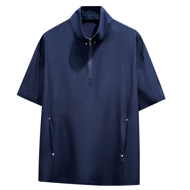 铆钉短袖t恤tshir口袋半拉链大码