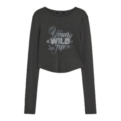 【现货】韩国DIAGONAL短款不对称下摆字母修身长袖T恤上衣打底衫