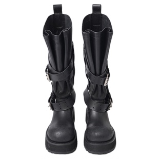 LABERTHREE秋冬新品一脚蹬腰带机车靴时尚都市酷感厚底黑色长筒靴