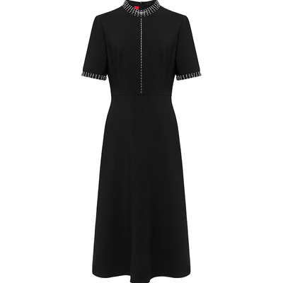 雅莹桑蚕丝羊毛重工小黑裙连衣裙