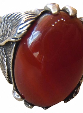 玛瑙红色宝石飞鹰环爪子戒指纯银