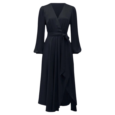 UNI CLOSER长袖缎面连衣裙中长裹腰系带藏蓝色优雅飘逸气质显瘦