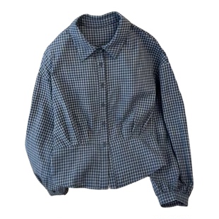 韩系格子长袖衬衫女秋装2025新款设计感休闲百搭减龄收腰短款上衣