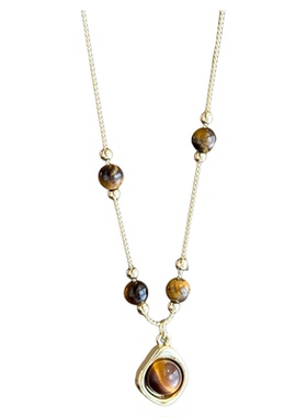 复古虎眼石吊坠项链女叠戴毛衣链