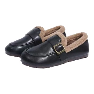 品牌真皮毛毛鞋女平底加绒单鞋2025新款冬季保暖软底乐福鞋女棉鞋