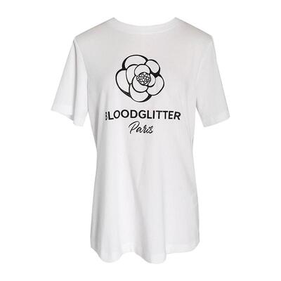 纯棉白色山茶花印花圆领短袖T恤