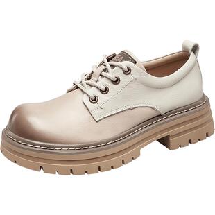 意尔康春款复古真皮单鞋女牛皮拼接厚底深口英伦风工装小皮鞋