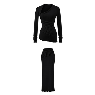 T恤上衣女性黑色斜领长袖修身