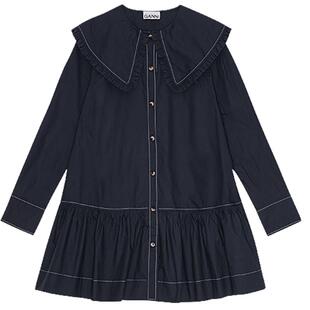 GANNI女装 海军蓝甜美气质娃娃领缝线长袖衬衫连衣裙W0157683