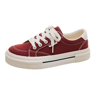 人本帆布鞋女款2025春秋季新款红色厚底增高鞋子休闲低帮学生板鞋