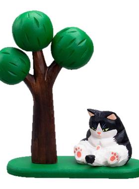 手工木雕小猫摆件可爱盯裆猫实木办公桌面车载送男女生日创意礼物