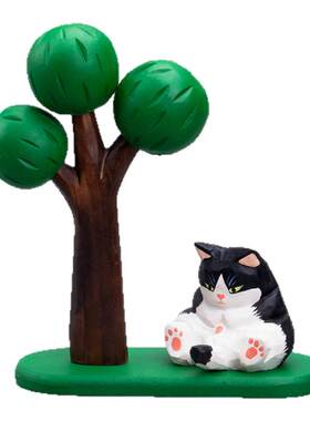 手工木雕小猫摆件可爱盯裆猫实木办公桌面车载送男女生日创意礼物