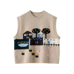 马甲女山羊绒衫女重工手绣圆领小房子针织衫背心秋冬新款宽松坎肩