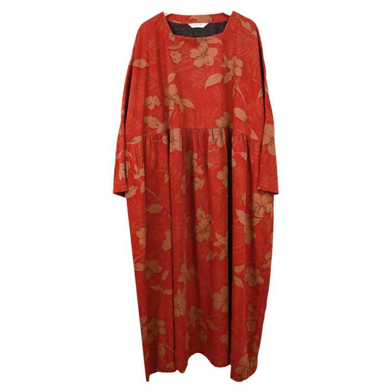 春花-红/听花香归野 35姆米真丝绢纺香云纱袍子宽松长袖连衣裙