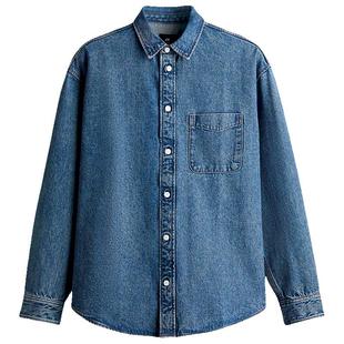 HM男装衬衫春季翻领附口袋长袖宽松复古牛仔衬衫1265141