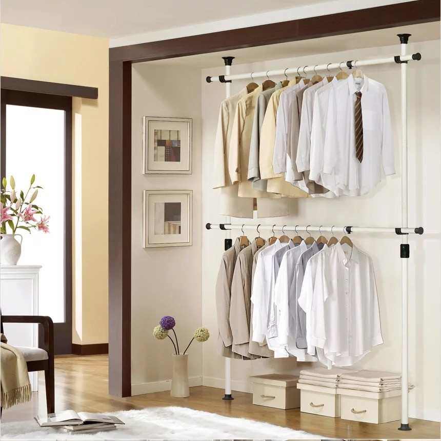 顶天立地置衣架免打孔卧室挂衣架落地伸缩晾晒衣架家用置衣架衣柜