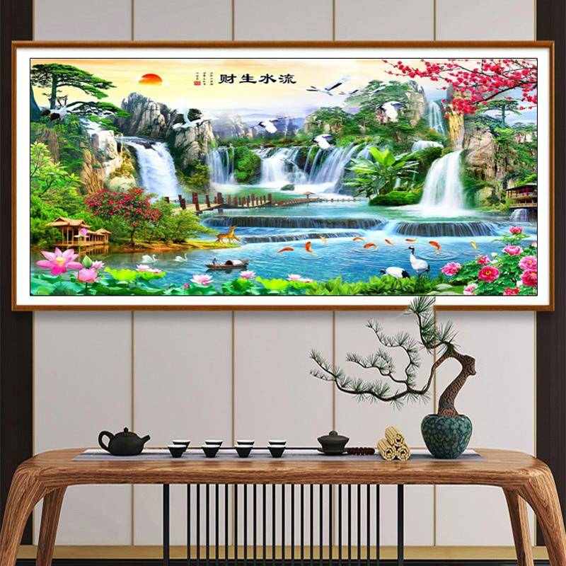 流水生财十字绣迎客松2025新款线绣客厅高端大气风景山水画刺绣