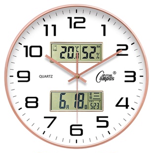 康巴丝新款客厅家用时尚双日历静音挂钟万年历现代温度壁钟表时钟