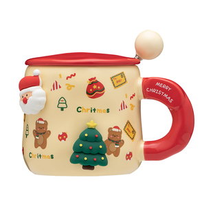 儿童圣诞礼物女生水杯陶瓷马克杯带盖勺圣诞杯子礼盒伴手礼送男生