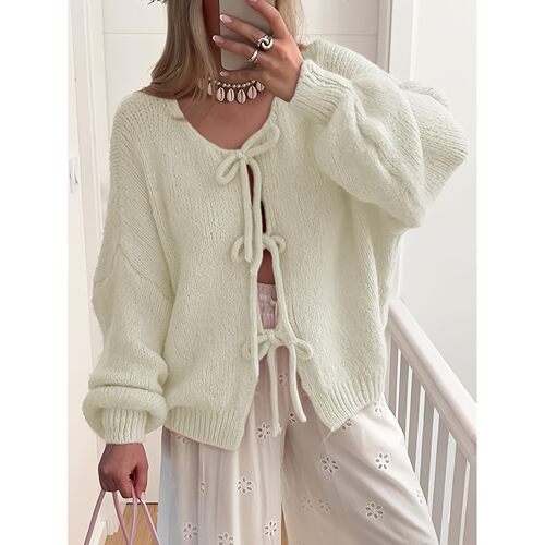 O 54251 Solid Color Round Neck Tie Knit Cardigan 纯色系带针