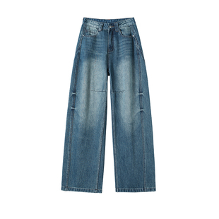 复古拼接镰刀裤女牛仔裤2025冬季加绒加厚新款宽松褶皱时尚弯刀裤