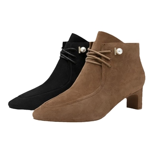 natursun羊绒高跟短靴冬冬季绒面粗跟时尚系带气质方头绑带时装靴