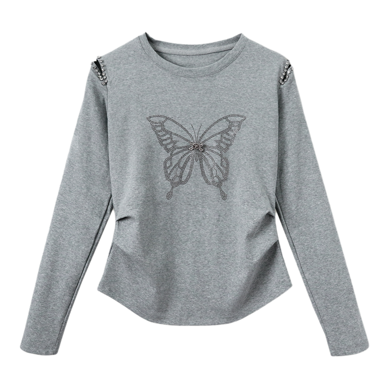 2025秋季新款钉珠时尚设计感蝴蝶烫钻纯棉长袖T恤打底衫女上衣