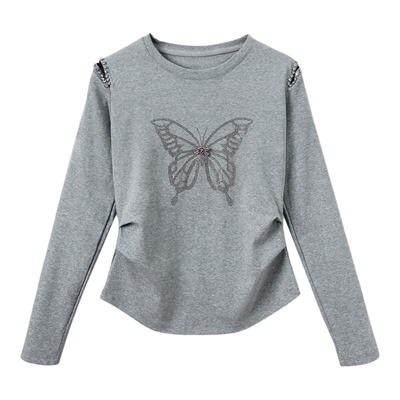 2025秋季新款钉珠时尚设计感蝴蝶烫钻纯棉长袖T恤打底衫女上衣
