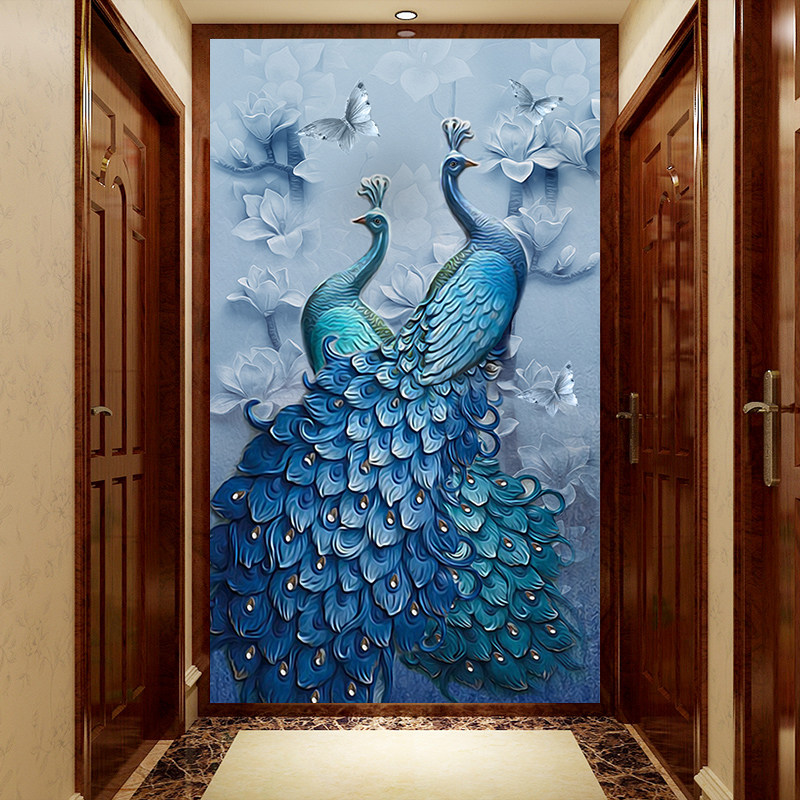8d入户玄关孔雀墙布过道壁画18d立体麋鹿浮雕壁纸走廊背景墙壁布