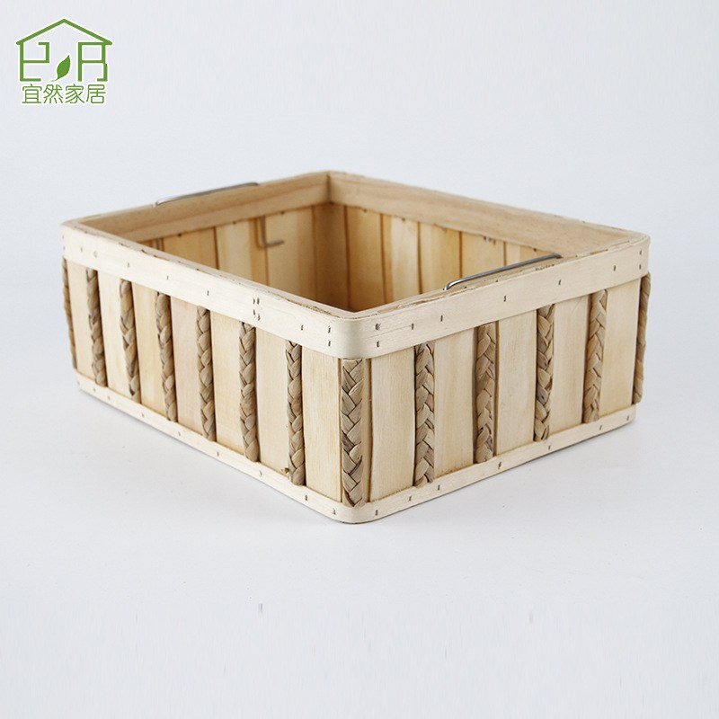 新品 ins实木长方形储物盒草编木盒开口式桌面儿童玩具收纳盒