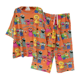 韩版短袖睡衣女春秋纯棉卡通芝麻街宽松胖MM大码家居服套装送布袋