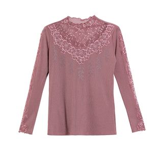 半高领蕾丝打底衫春秋时尚女装长袖亮丝银丝网纱纱衣上衣薄款洋气