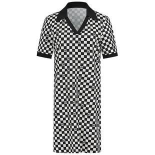 曼德诗Polo领针织连衣裙2026夏季新款短袖复古棋盘格字母印花裙子