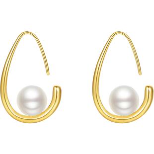 周六福耳钉贝珠几何水滴珍珠耳饰S925银黄金色复古耳环情人节礼物