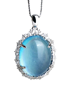 天然老矿海蓝宝925银镶项链女