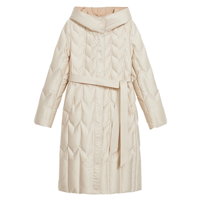 YINER音儿专选冬季高蓬松保暖珠光缎面长款连帽羽绒服