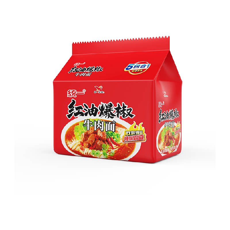 统一100方便面泡面红油爆椒牛肉面105g*5袋速食夜宵