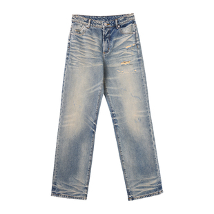 THESOONG/中世纪做旧复古直筒牛仔裤女水洗磨白无弹长裤HBNZ7473