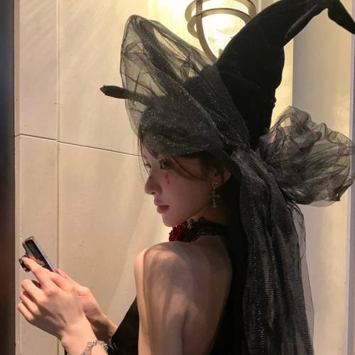 黑天鹅序曲 万圣节cos装扮黑色蕾丝花朵女巫帽魔法帽暗黑系头饰女