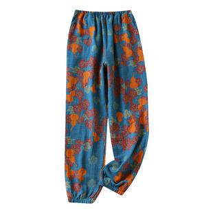 睡裤女春秋色织纯棉双层纱布简约清新休闲宽松全棉家居裤收口长裤