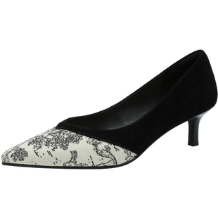 自由姿色浅口女鞋春季新款百搭羊反绒蕾丝中跟细跟法式单鞋