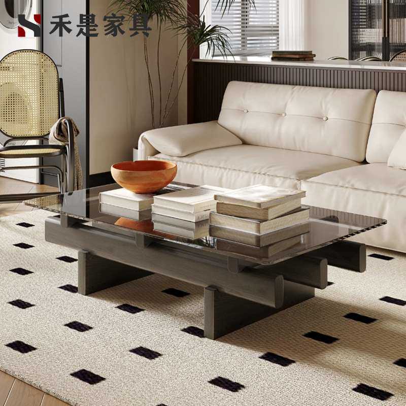 法式中古风长方形设计款白蜡木钢化玻璃茶几现代轻奢客厅家用小户