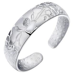 足银9999手镯纯银女新款送妈妈中老年人开口简约牡丹莲花百福银饰