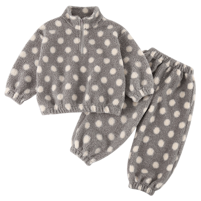 男女童加厚休闲波点羊羔绒套装