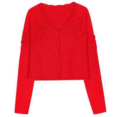 落落狷介红色开衫毛衣女